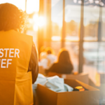Relief scene with Florida Disaster Relief and Project Vet Relief logos; a disaster responder in an orange vest assisting a family nearby.
