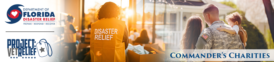Relief scene with Florida Disaster Relief and Project Vet Relief logos; a disaster responder in an orange vest assisting a family nearby.