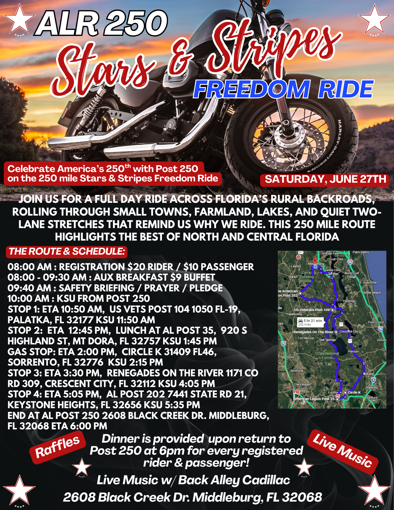 Poster announcing ALR 250 Stars & Stripes Freedom Ride featuring a chrome motorcycle at sunset with event details and date (Sat, June 27).