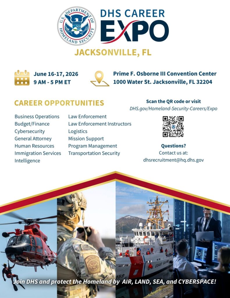 DHS Career Expo Jacksonville flyer with event date, location, QR code and listed career opportunities.