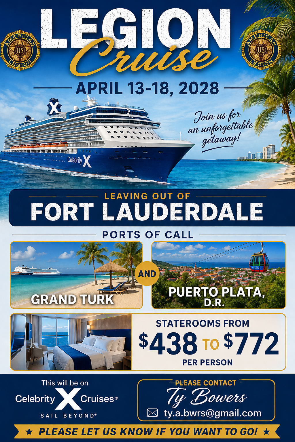 Poster advertising a 2028 Legion Cruise from Fort Lauderdale on Celebrity X Cruises, with Grand Turk and Puerto Plata as ports of call; price per person listed from $438 to $772.