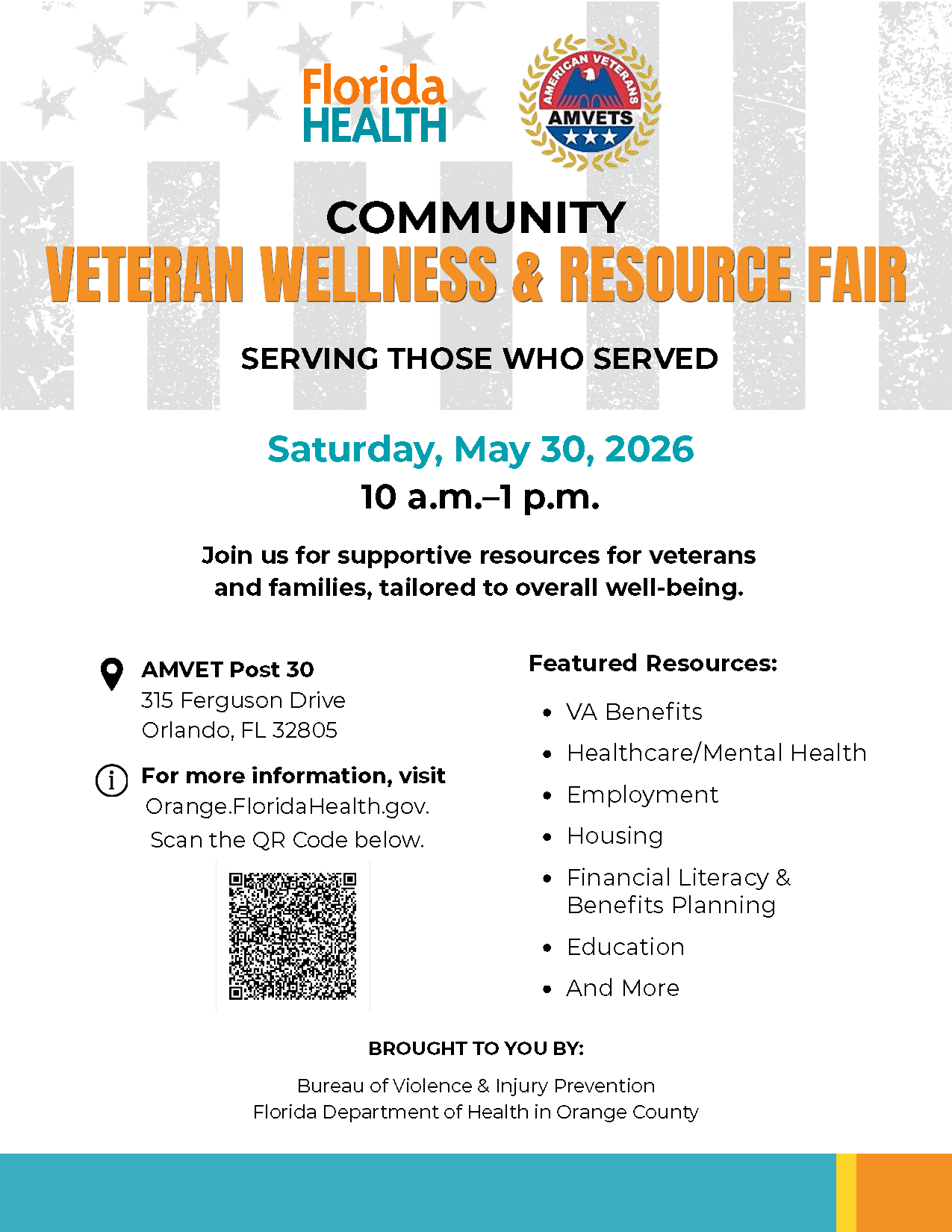 Poster for the Community Veteran Wellness & Resource Fair by Florida Health and AMVETS; May 30, 2026, 10 a.m.–1 p.m.