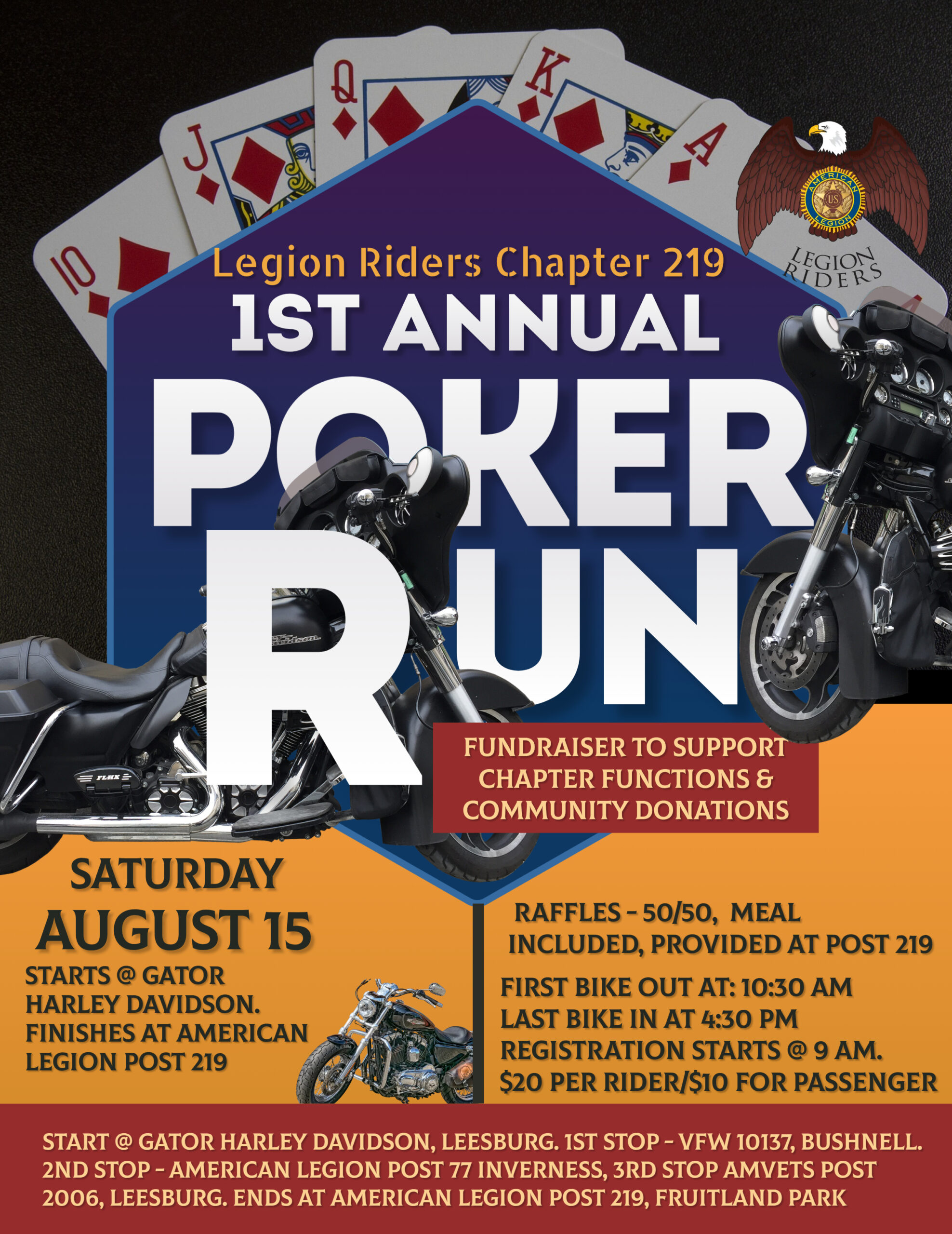 Poster advertising Legion Riders Chapter 219 1st Annual Poker Run fundraiser, featuring motorcycles, playing cards, and an eagle emblem.