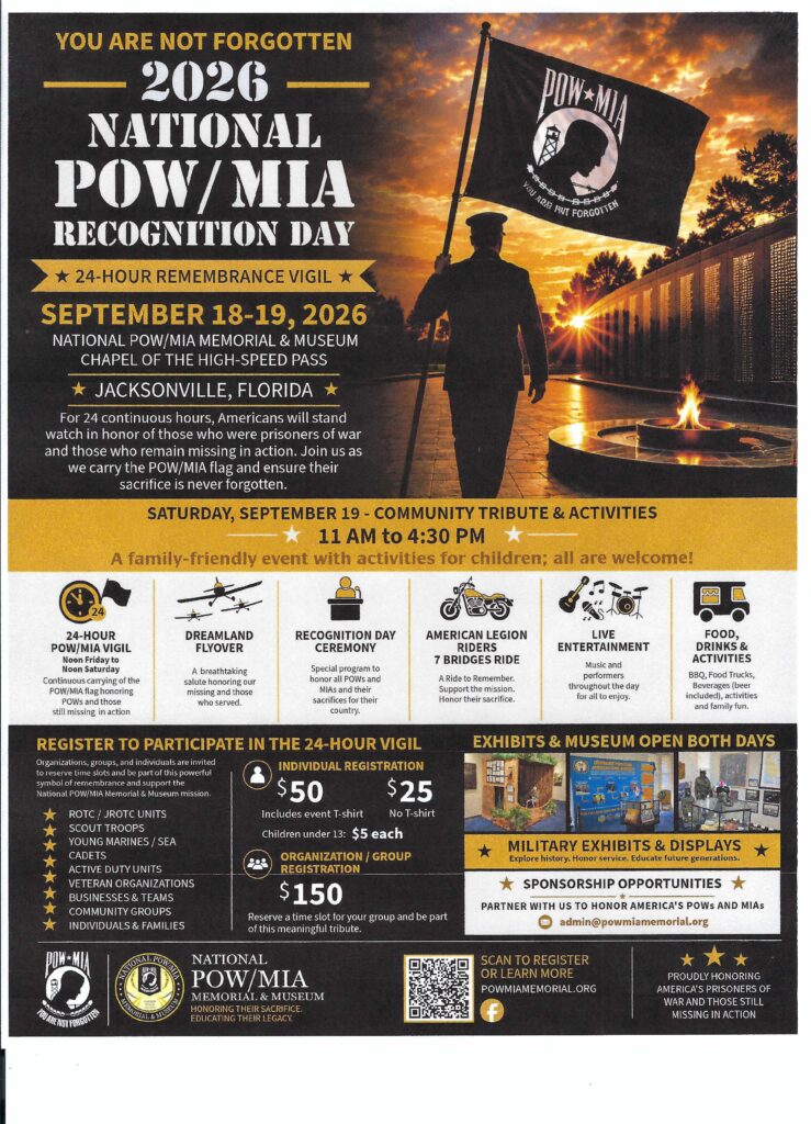 Poster for 2026 National POW/MIA Recognition Day with a silhouette of a soldier holding a POW/MIA flag at sunset