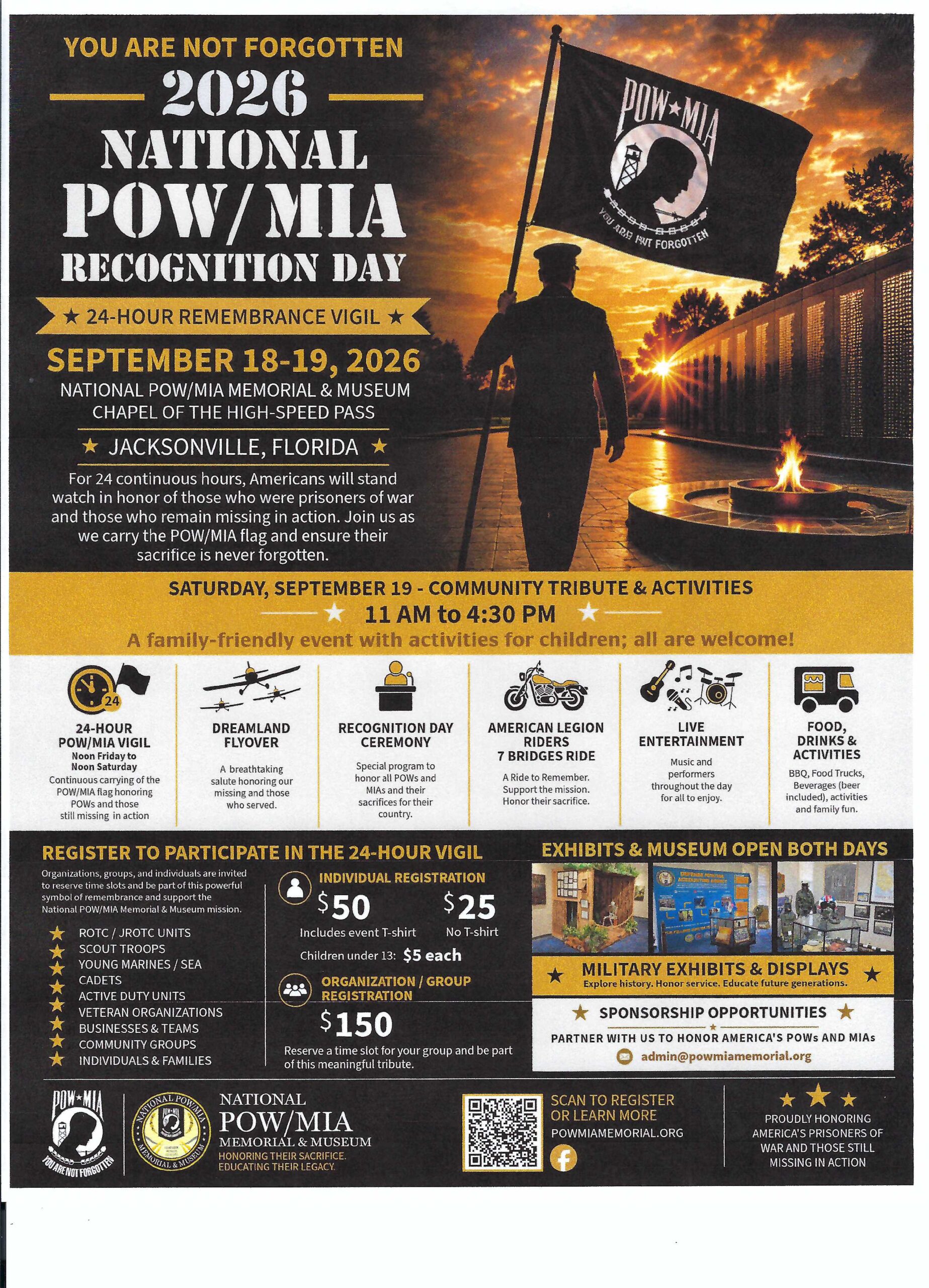 Poster for 2026 National POW/MIA Recognition Day with a silhouette of a soldier holding a POW/MIA flag at sunset
