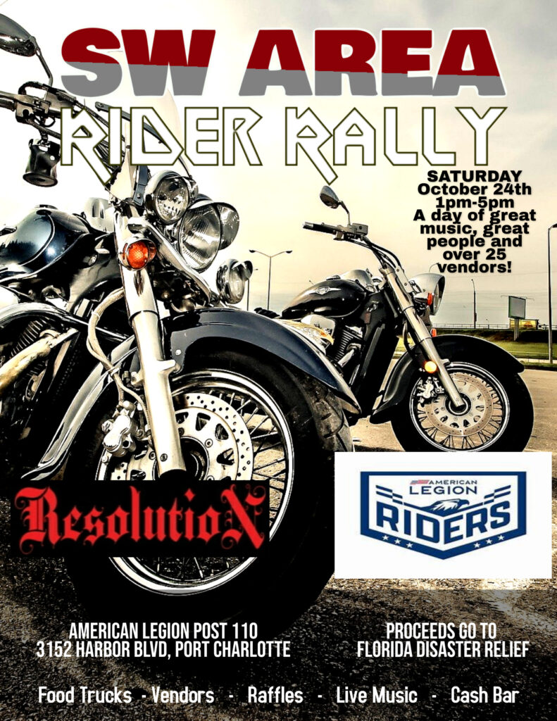 Motorcycle rally poster with bold red and gray text and several chrome bikes in the foreground.