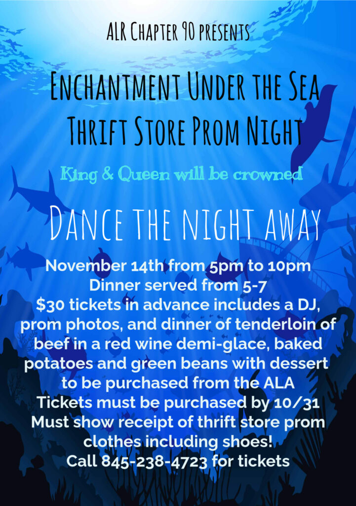 Underwater-themed poster announcing ALR Chapter 90's Enchantment Under the Sea Thrift Store Prom Night with event details (date, time, tickets).