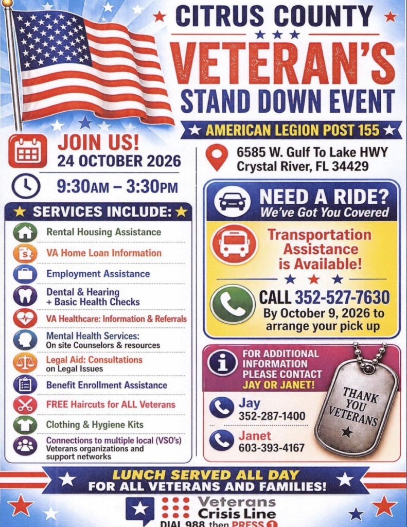 Citrus County Veterans Stand Down Event flyer with date, time, location, and listed services for veterans outreach in Crystal River, FL on Oct 24, 2026 (9:30am–3:30pm).
