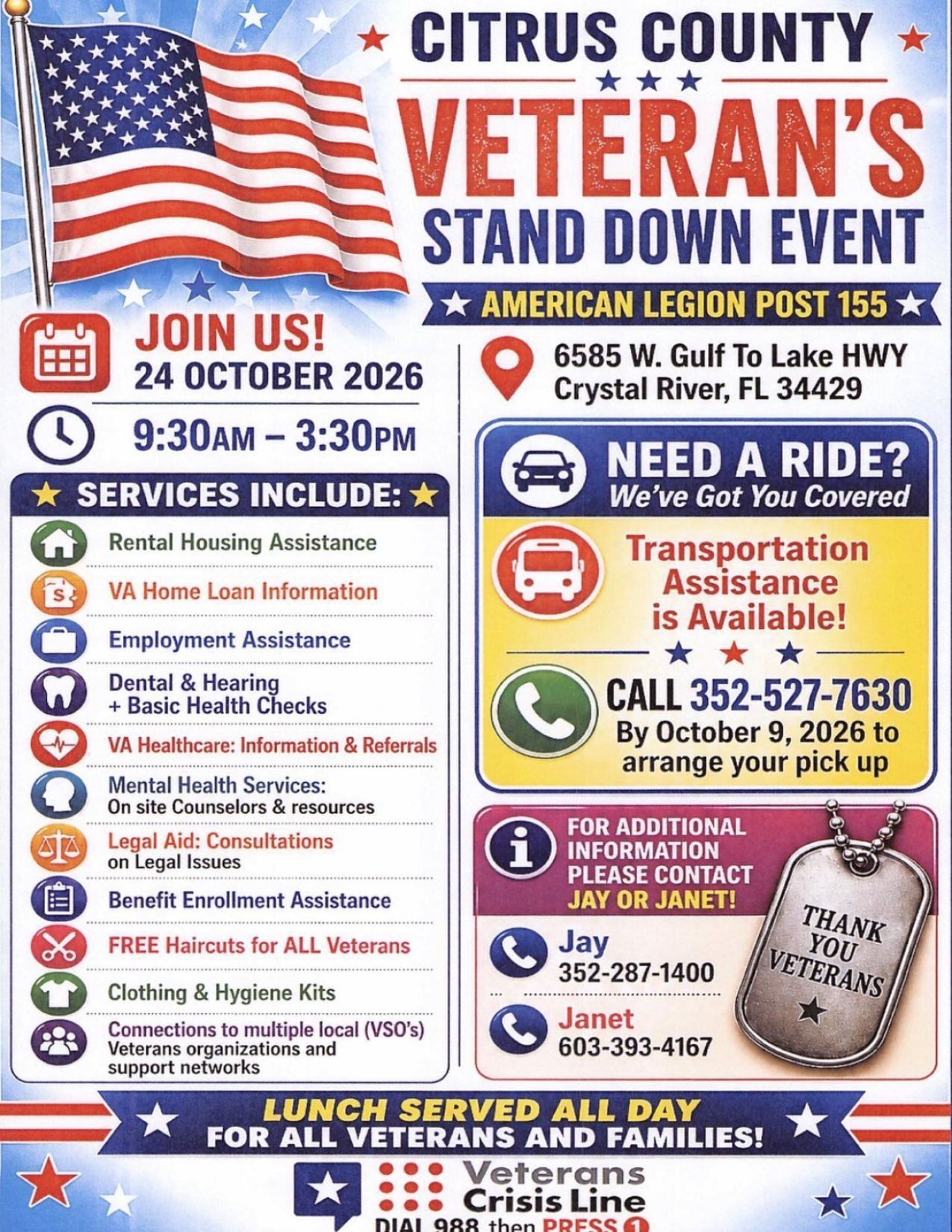 Citrus County Veterans Stand Down Event flyer with date, time, location, and listed services for veterans outreach in Crystal River, FL on Oct 24, 2026 (9:30am–3:30pm).