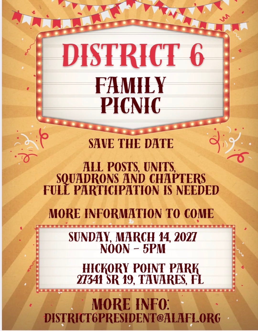District 6 Family Picnic poster: Save the date, March 14, 2027, noon–5pm at Hickory Point Park, 27341 SR 19, Tavares, FL.