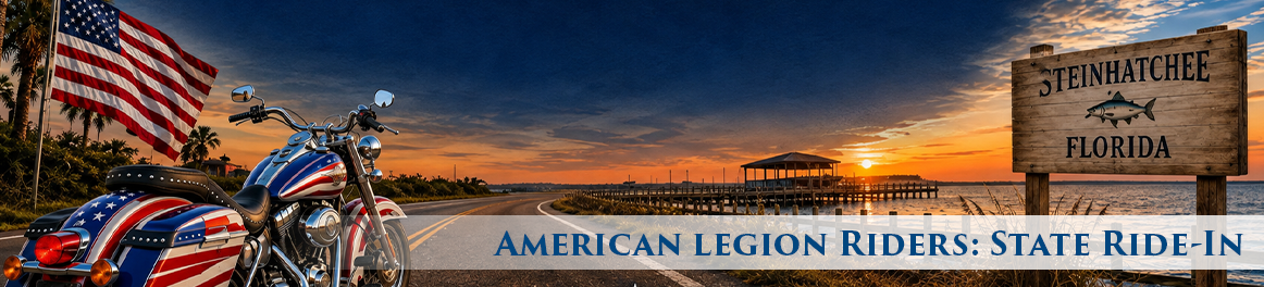 Hero banner: American flag, blue‑red motorcycle, and sunset along a coastal road toward a pier; Steinhatchee, Florida sign visible.