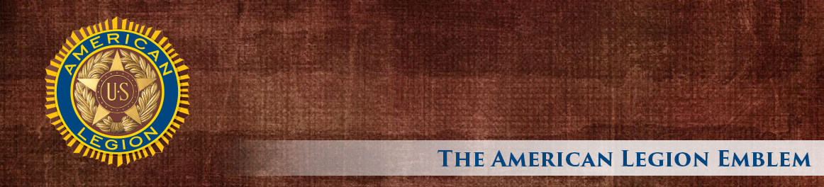 American Legion emblem on the left with a banner reading 'The American Legion Emblem' against a brown textured background.
